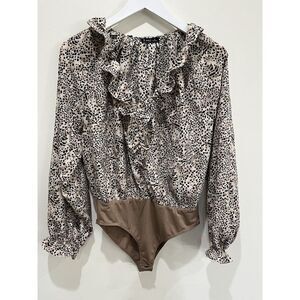 V Ery J Womens Bodysuit M Animal Print Beige Top Long Sleeve Ruffle VNeck Boho
